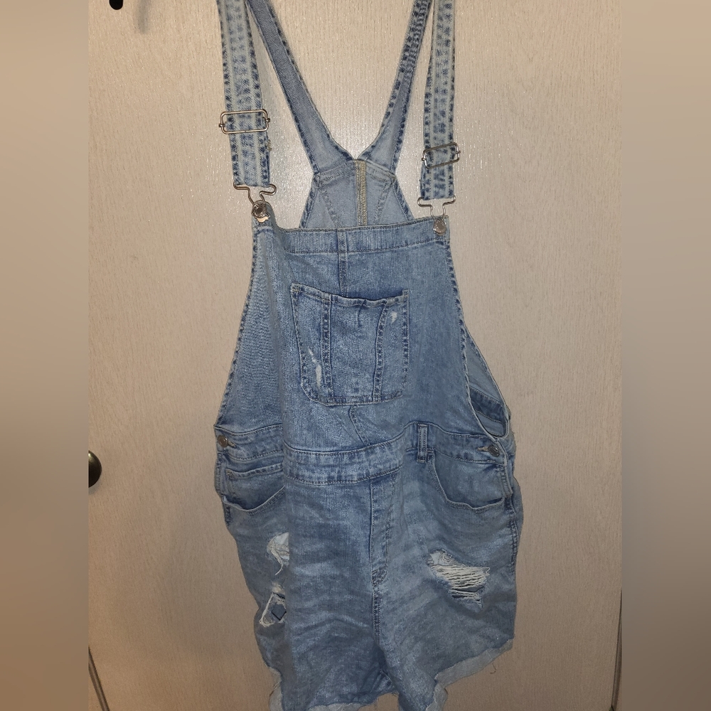 Distressed overall shorts